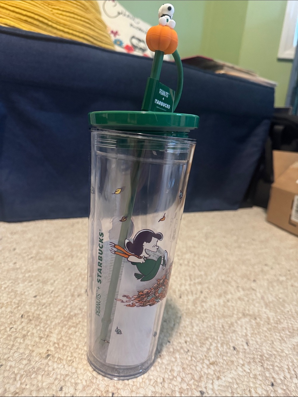 Starbucks Green & Orange Peanuts Lucy Tumbler with Pumpkin Charm
